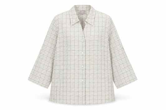 Front view of Preworn women’s beige plaid polyester basic blouse, size UK 12, collared