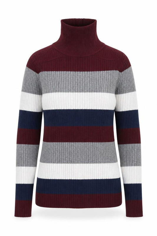Front view of Atmosphere women’s multicoloured roll neck striped polyester jumper, size UK 10