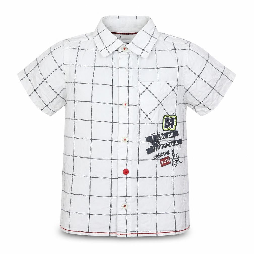 Front view of Blue Seven boys’ white check 100% cotton basic button-up, size 4, years collared button