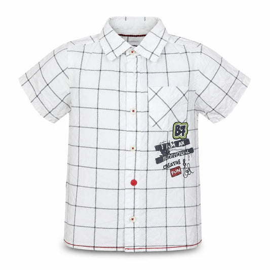 Front view of Blue Seven boys’ white check 100% cotton basic button-up, size 4, years collared button