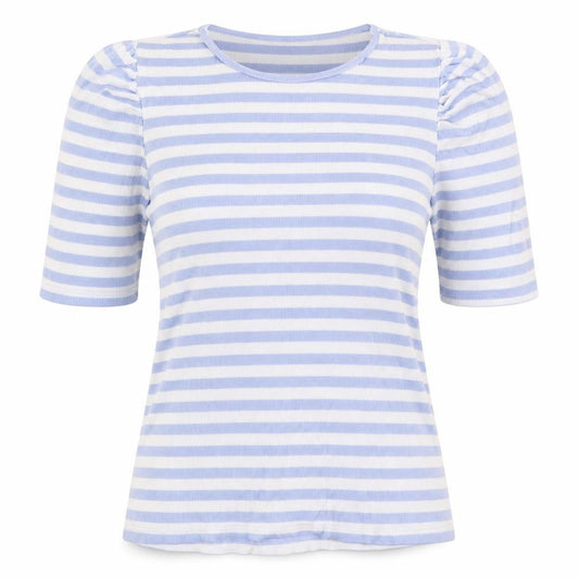 Front view of Pieces women’s black striped cotton basic t-shirt, size M, round neck
