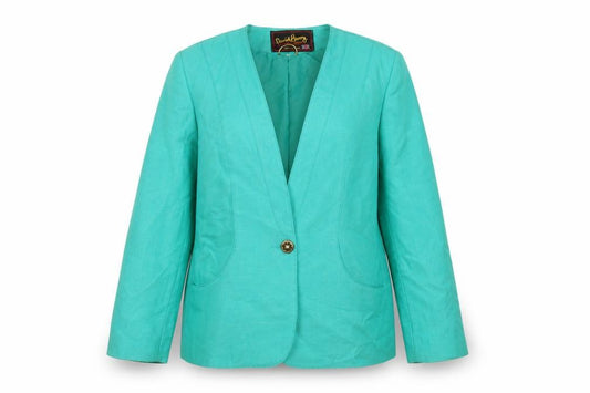 Front view of David Barry women’s green jacket blazer, size UK 14, button