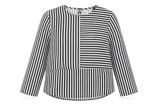 Front view of Select women’s black striped polyester basic blouse, size UK 14, round neck