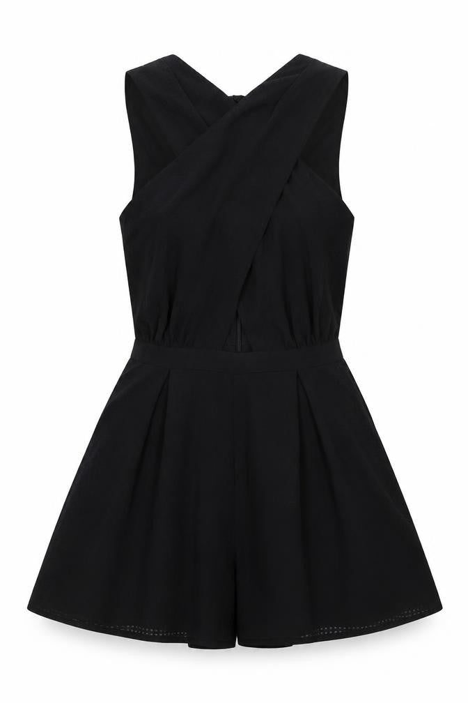 Front view of Topshop women’s black polyester playsuit one-piece, size UK 8, 3-inch leg zip