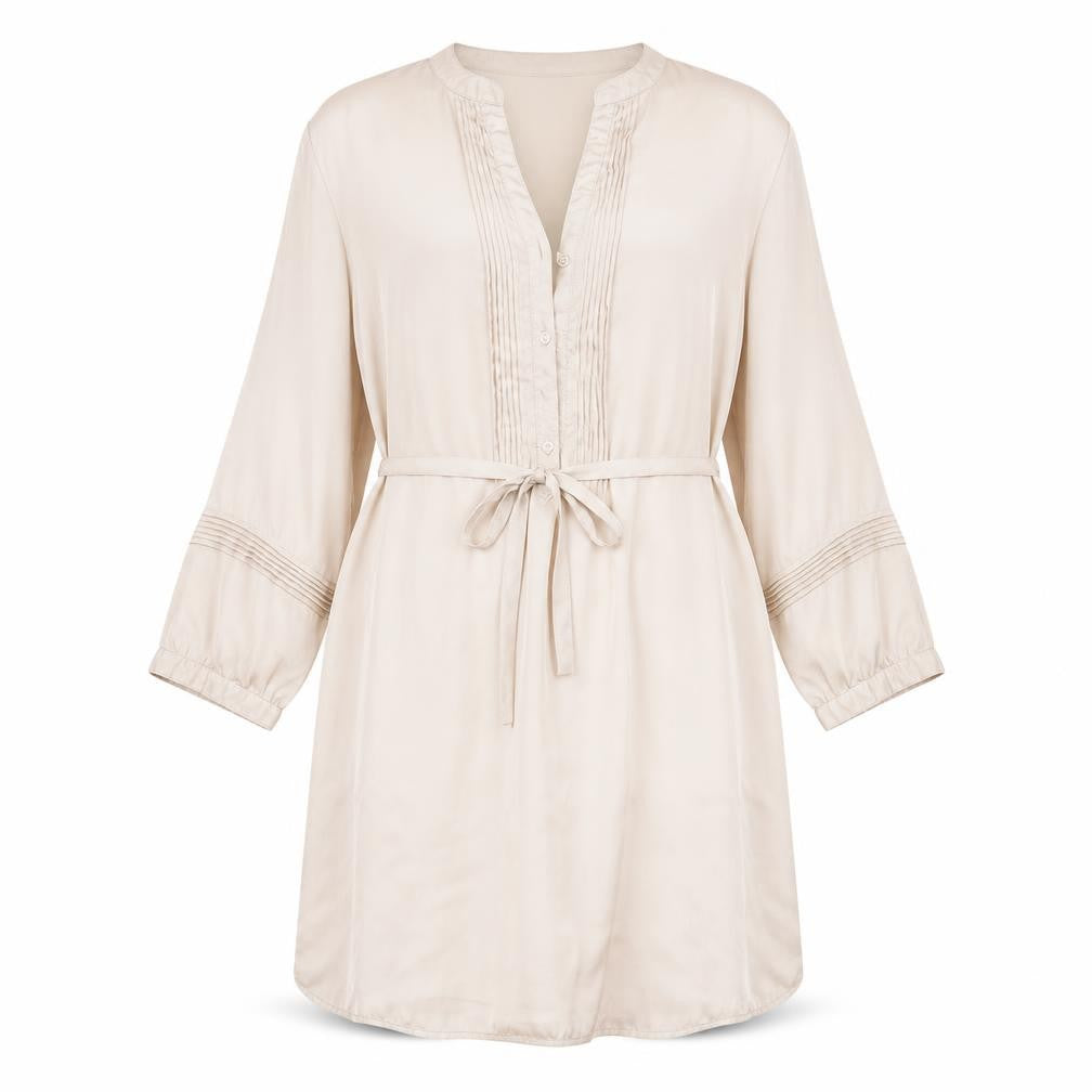 Front view of H&M women’s gold polyester shirt dress, size UK 6, v-neck