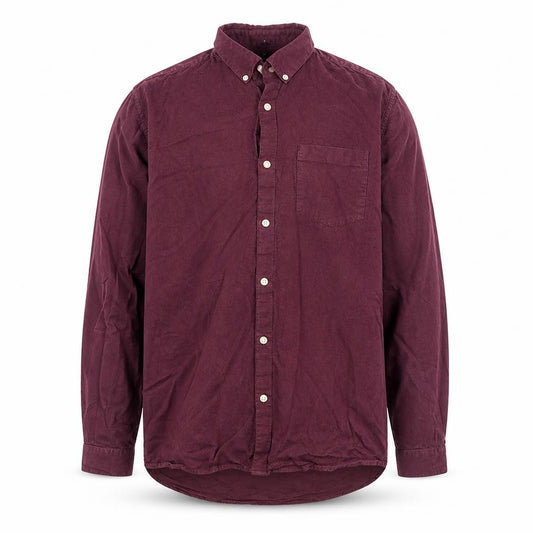 Front view of River Island men’s purple cotton button-up, size L, collared