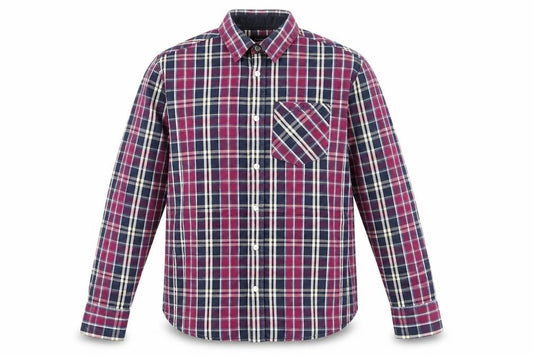 Front view of piene candini men’s purple check polyester button-up, size XL, collared