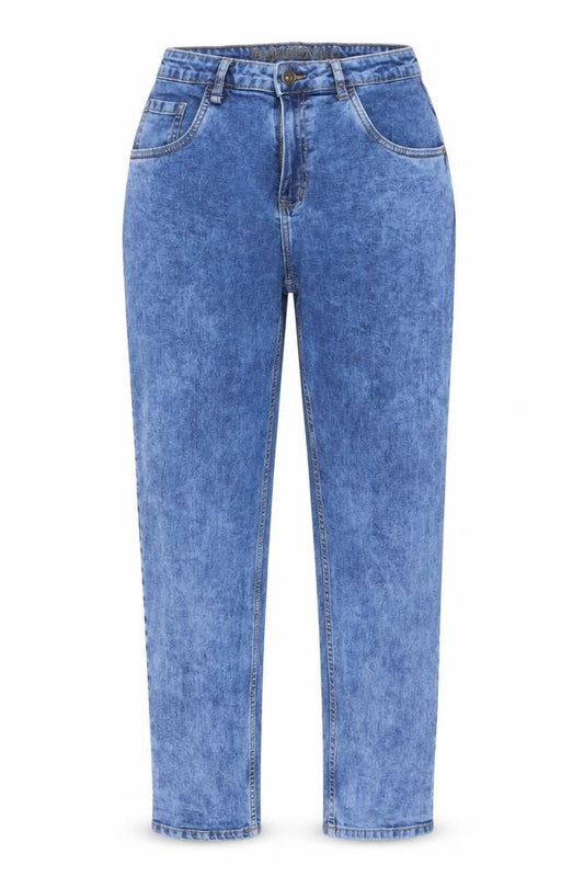 Front view of women’s blue cotton mom jeans, size UK 26, 27-inch leg regular