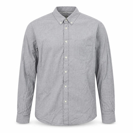 Front view of Burton men’s grey cotton button-up, size L, collared