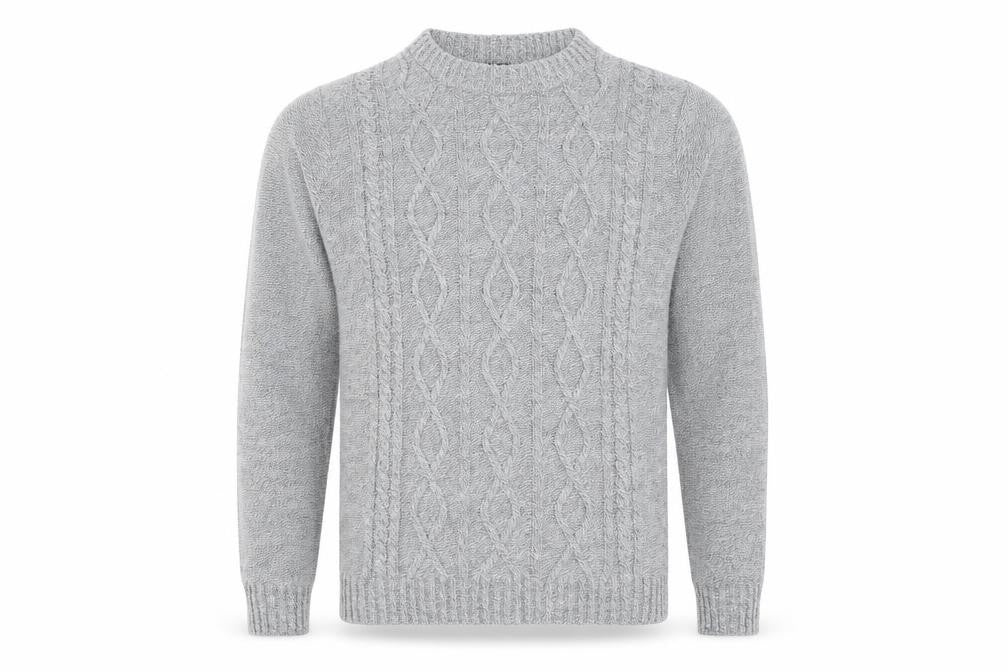 Front view of Boohoo men’s grey round neck acrylic jumper, size M