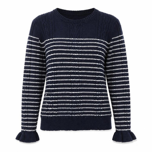 Front view of Papaya women’s blue round neck striped viscose jumper, size M