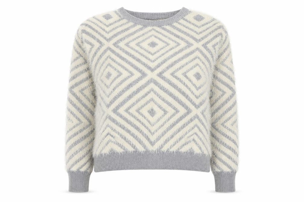 Front view of New Look women’s grey round neck geometric acrylic jumper, size UK 12