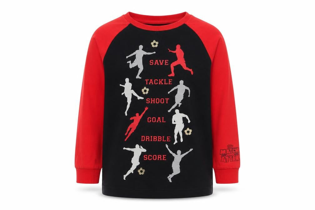 Front view of Preworn boys’ black solid cotton pyjama top, size 7, years pullover - match attack, football