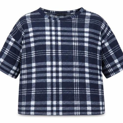 Marks and Spencer Womens Blue Plaid Polyester Jersey T-Shirt Size 14 Crew Neck