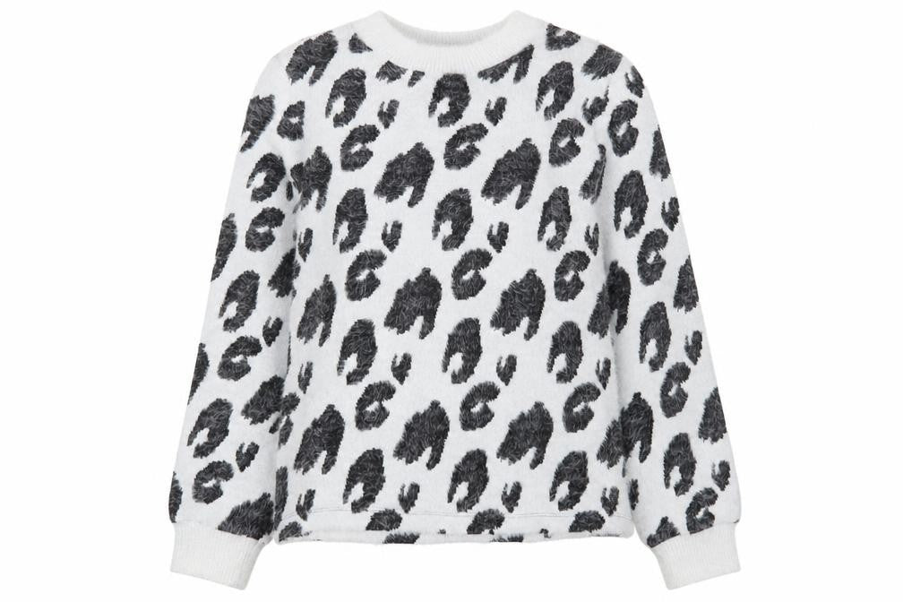 Front view of Marks & Spencer women’s multicoloured round neck animal print polyamide jumper, size UK 6