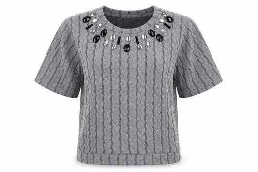 Front view of Fransa women’s grey geometric polyester basic blouse, size XS, round neck