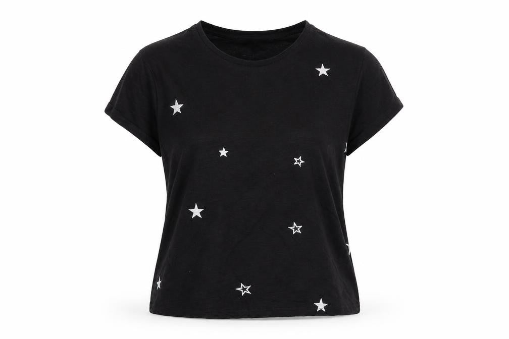 Front view of Primark women’s black geometric polyester basic t-shirt, size UK 4, crew neck - stars