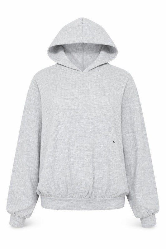 Front view of Boohoo women’s grey polyester pullover hoodie, size UK 8