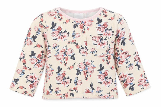 Front view of Baby girls’ beige floral polyester basic t-shirt, size 12-18, months round neck