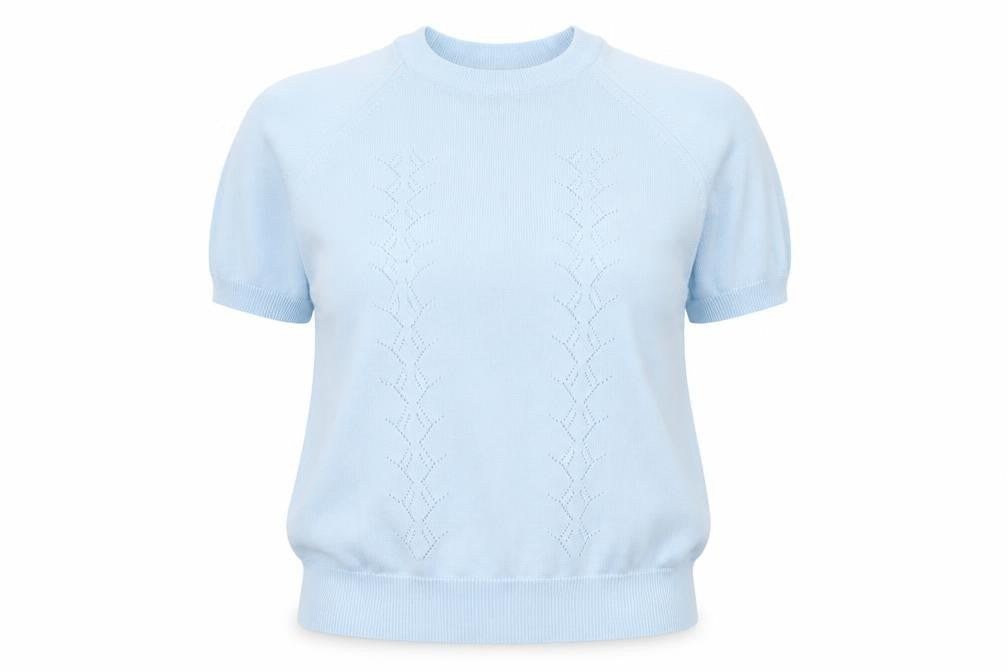 Front view of Preworn women’s blue round neck polyester jumper, size M