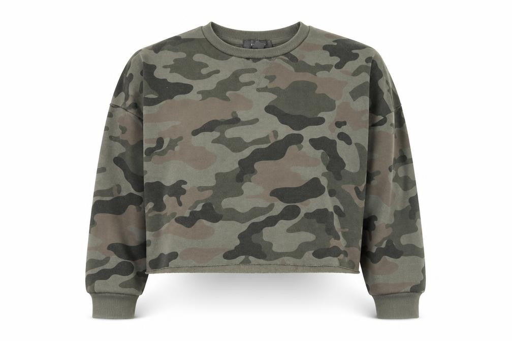 Front view of Primark women’s green camouflage polyester pullover sweatshirt, size UK 12, pullover - cropped