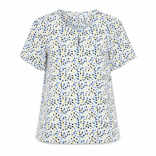Front view of Vortex women’s white geometric polyester basic blouse, size UK 6, round neck