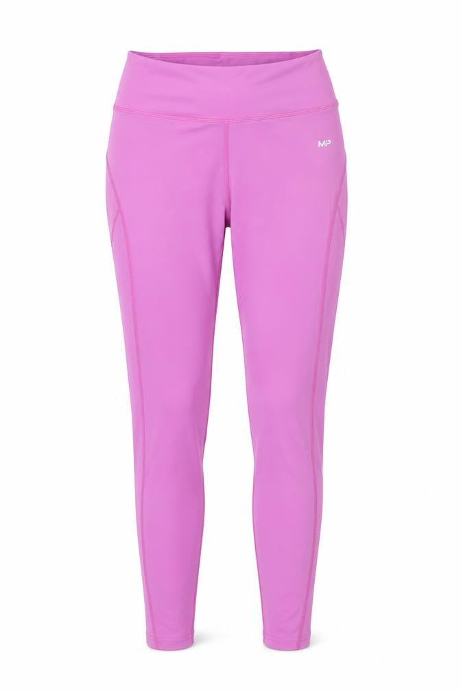 Front view of Myprotein women’s purple nylon compression leggings, size M, 25-inch leg regular pullover