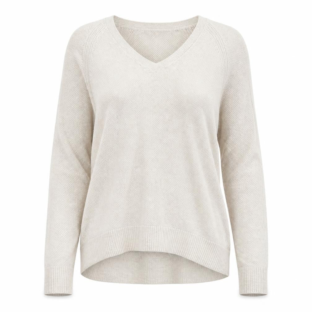 Front view of Gap women’s beige v-neck cotton jumper, size XS