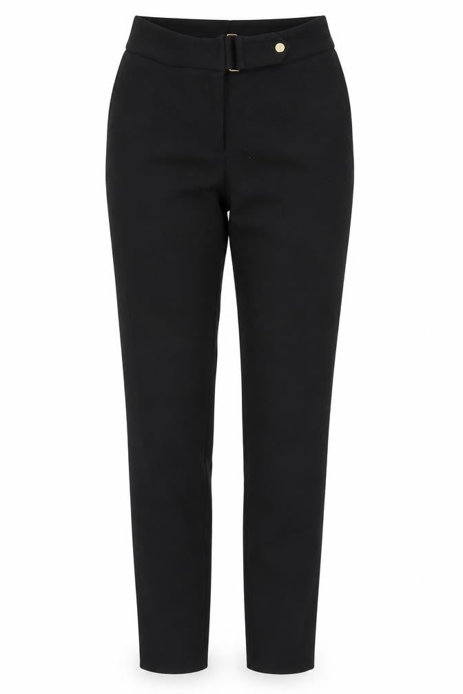 Front view of H&M women’s black polyester trousers, size UK 8, 29-inch leg slim zip