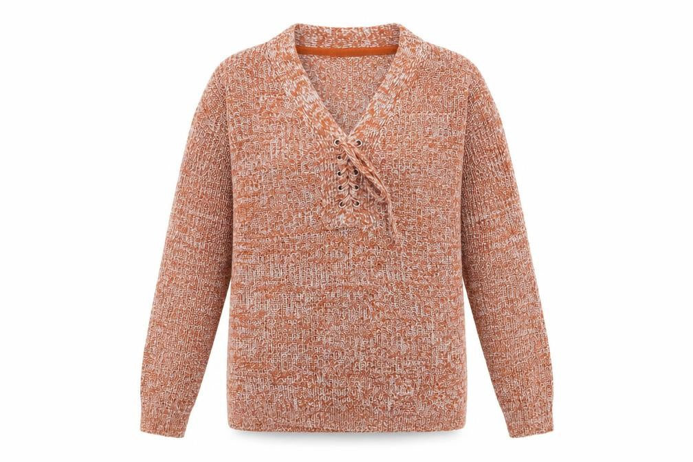 Front view of Papaya women’s orange v-neck acrylic jumper, size S