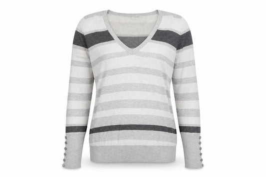 Front view of Papaya women’s grey v-neck striped polyester jumper, size UK 14
