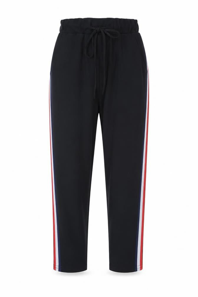 Front view of Preworn women’s black striped polyester cropped trousers, size S, 24-inch leg regular drawstring