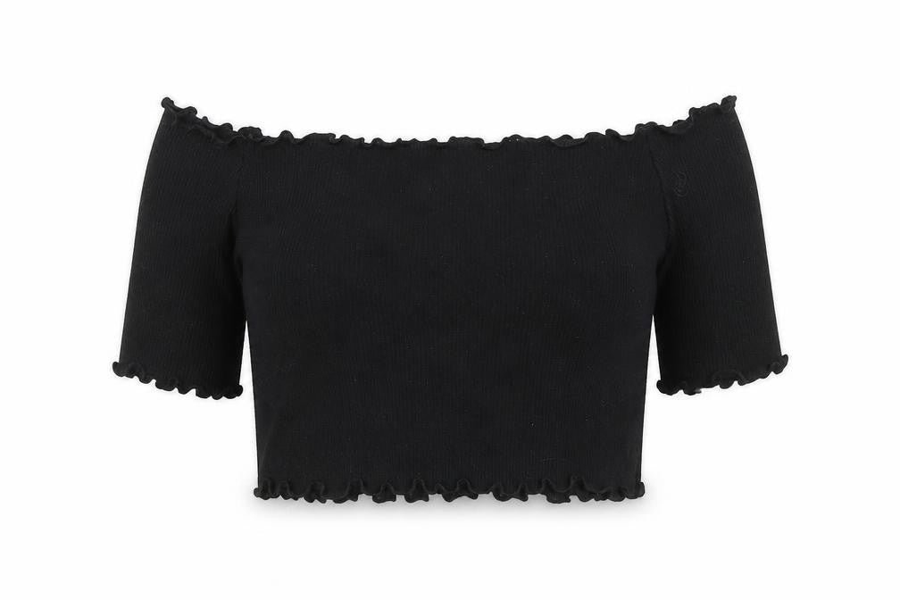 Front view of PRETTYLITTLETHING women’s black polyester cropped t-shirt, size UK 10, off the shoulder