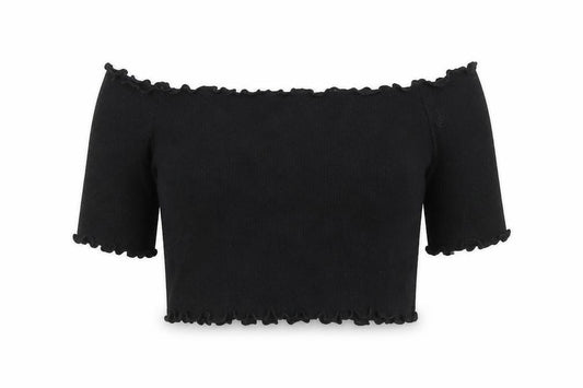 Front view of PRETTYLITTLETHING women’s black polyester cropped t-shirt, size UK 10, off the shoulder