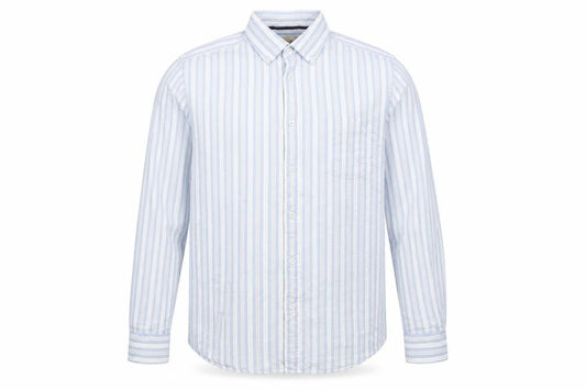 Front view of John Lewis men’s blue striped cotton button-up, size L, collared buckle