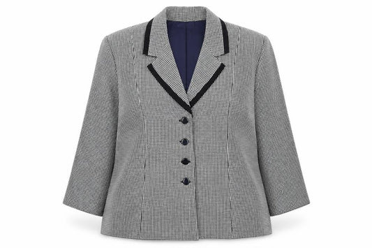 Front view of Prima women’s blue geometric polyester jacket suit jacket, size UK 20