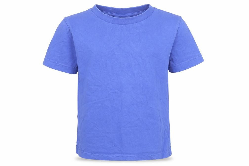 Front view of Preworn boys’ blue cotton basic t-shirt, size 2, years crew neck pullover
