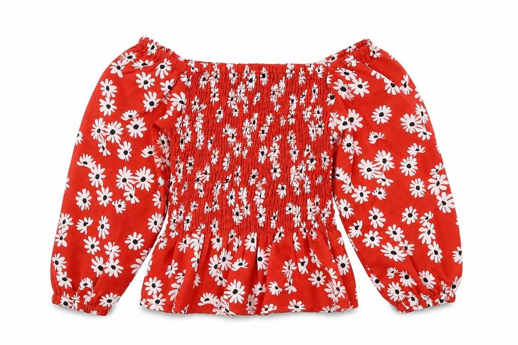 Front view of SHEIN girls’ red floral polyester basic dress shirt, size 2, years off the shoulder pullover