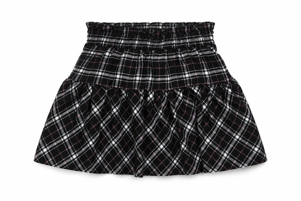 Front view of Dunnes girls’ black plaid polyester skater skirt, size 3-4, years regular pull on