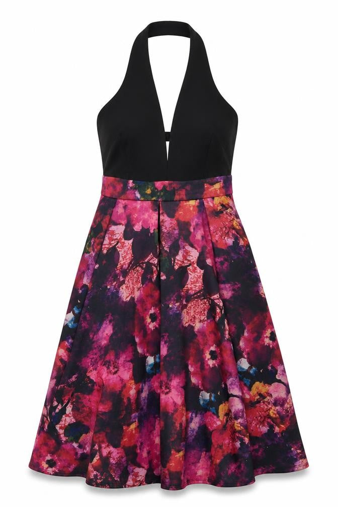 A.B.S Collection Womens Purple Floral Polyester Fit & Flare  Size S  Halter Button