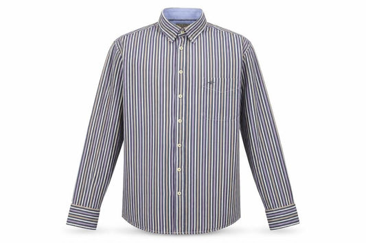 Front view of Baileys men’s multicoloured striped cotton button-up, size L, collared button