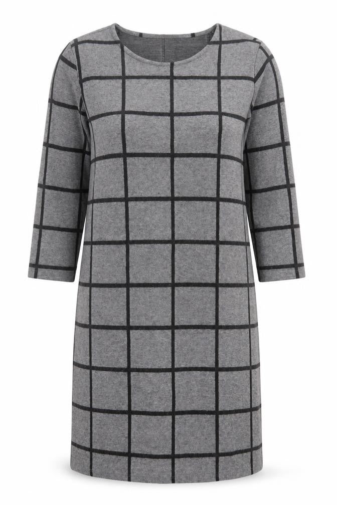 Front view of Marks & Spencer women’s grey check polyester a-line, size UK 10, crew neck pullover