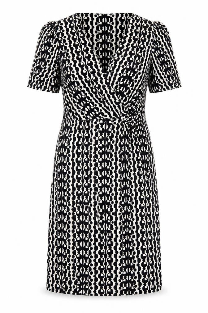 Front view of Marks & Spencer women’s black geometric polyester a-line, size UK 10, crew neck pullover