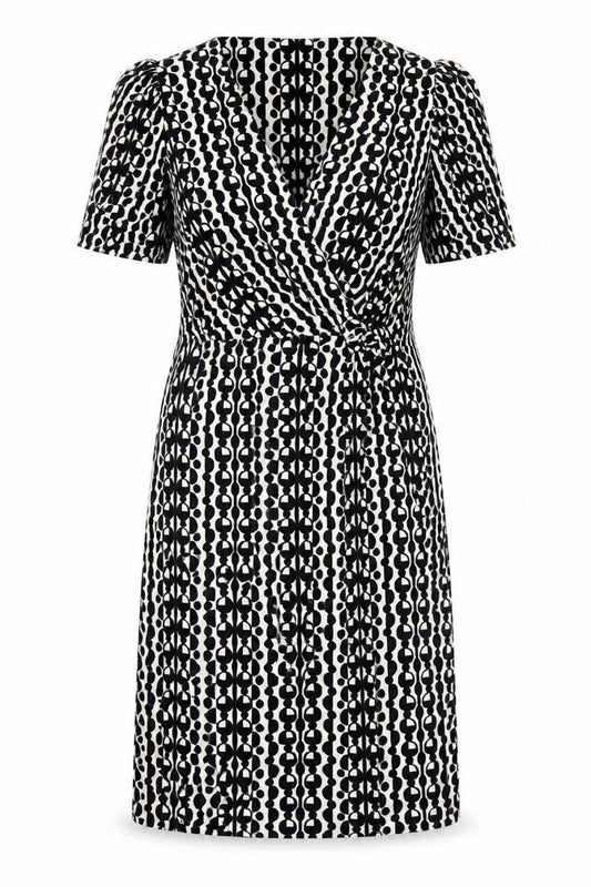 Front view of Marks & Spencer women’s black geometric polyester a-line, size UK 10, crew neck pullover