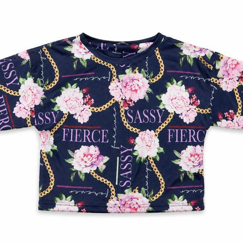 Studio Girls Blue Floral Polyester Cropped T-Shirt Size 12-13 Years Crew Neck Pullover - Sassy