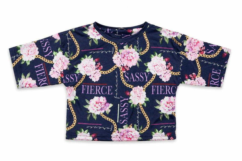 Studio Girls Blue Floral Polyester Cropped T-Shirt Size 12-13 Years Crew Neck Pullover - Sassy