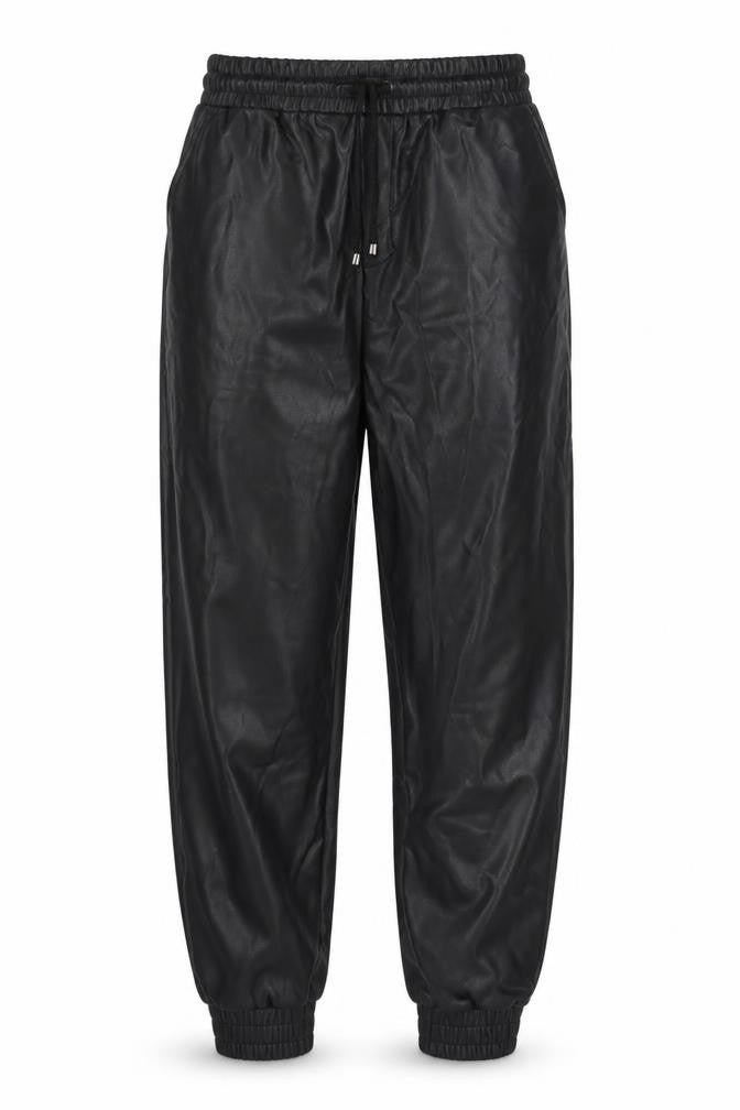Front view of Eight Paris women’s black polyurethane trousers, size S, 25-inch leg regular drawstring - faux leather