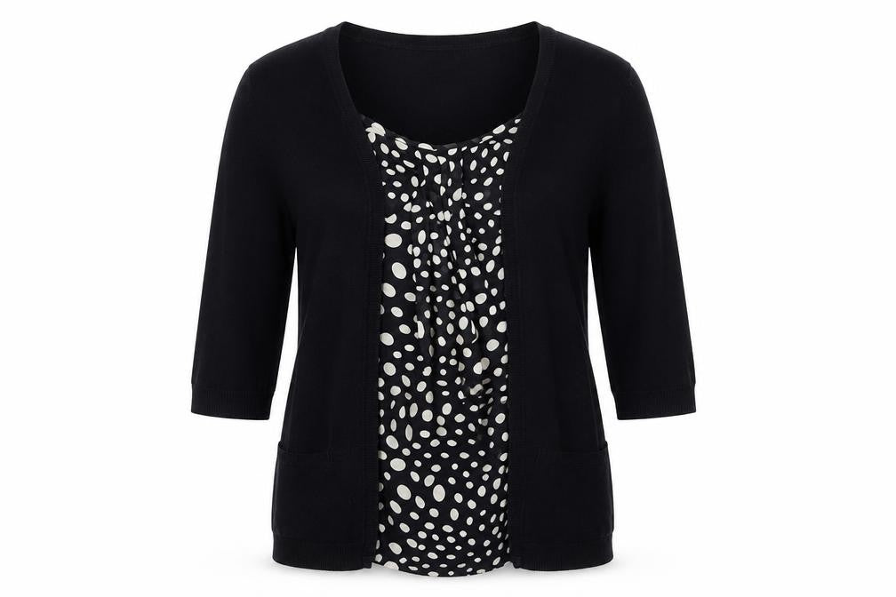 Front view of Dunnes women’s black square neck polka dot cotton jumper, size UK 14