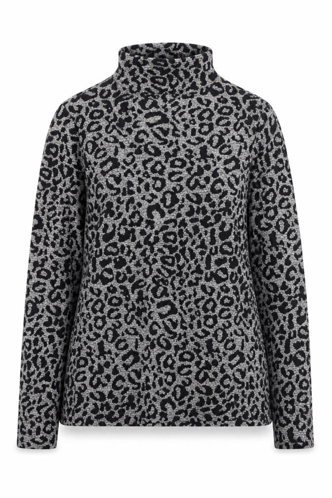 Front view of Oasis women’s brown high neck animal print viscose jumper, size S