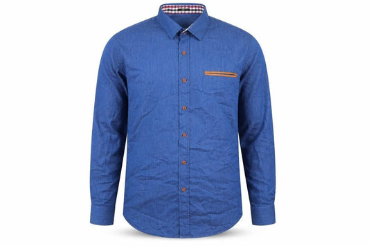 Front view of Coofandy men’s blue cotton button-up, size M, collared